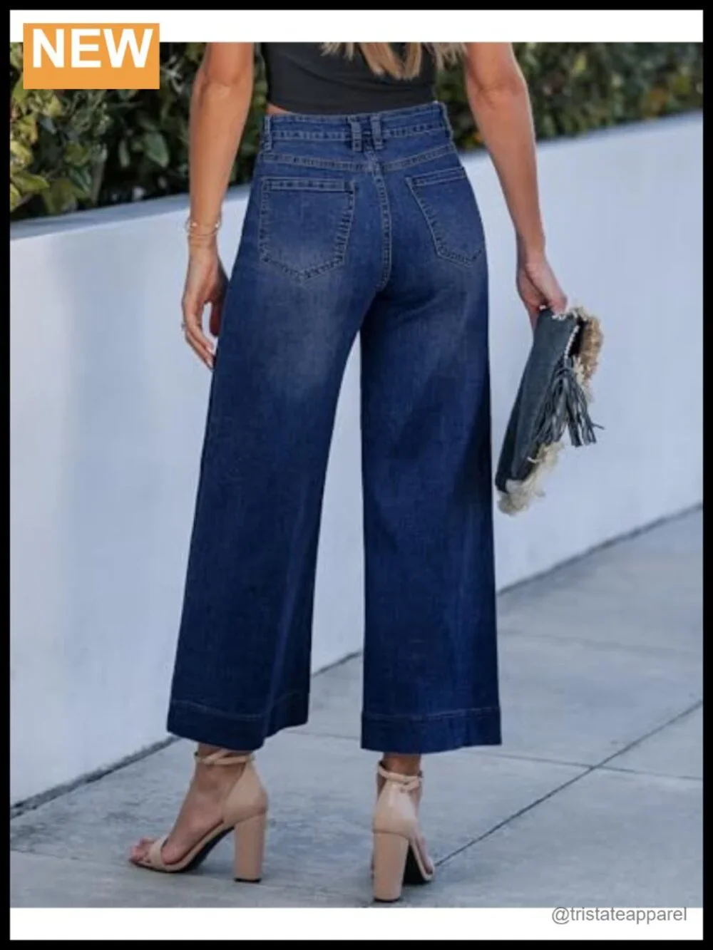 Wide Leg High Waisted Cropped Jeans with Patch Pockets Stretchy Denim